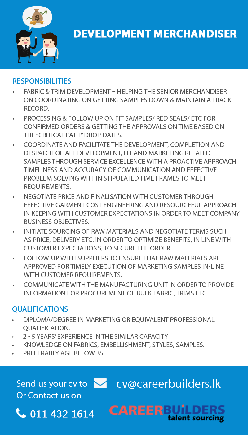 Development Merchandiser Job Vacancy At Career Builders Pvt Ltd