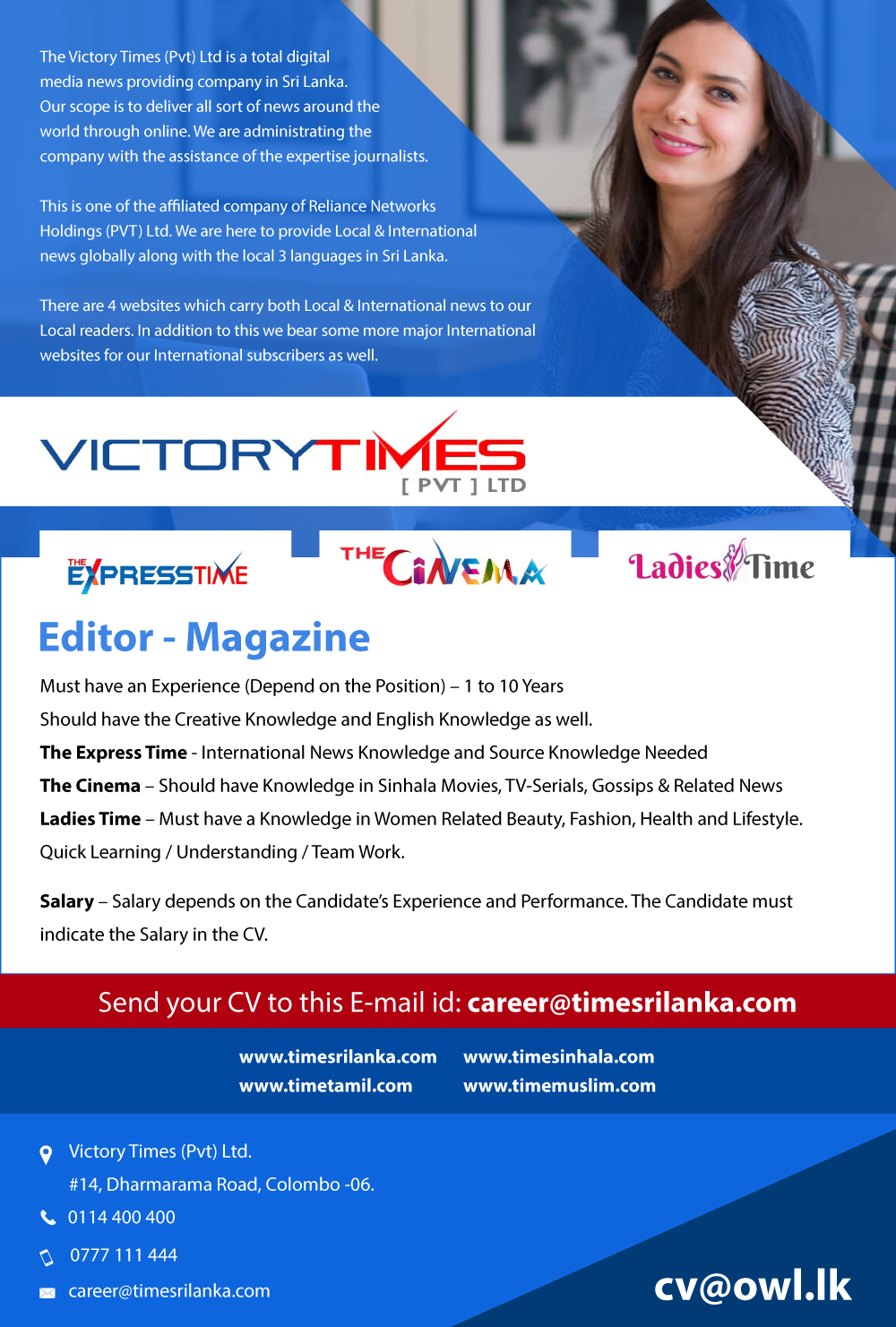 Editormagazine job vacancy at Victory Times (Pvt) Ltd JobVacancies.lk